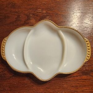 Anchor Hocking Fire King Milk Glass Divided Dish With Gold Trim